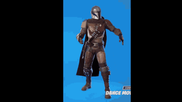 a man in armor is standing in front of a blue background with the words dance move on the bottom