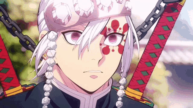 a close up of a person with a crown on their head holding two swords .