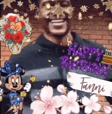 a happy birthday fanni card with a man and minnie mouse on it