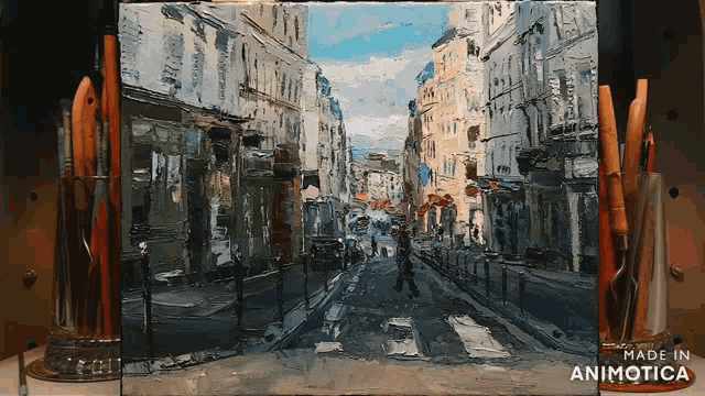 a painting of a city street with the words made in animotica below it