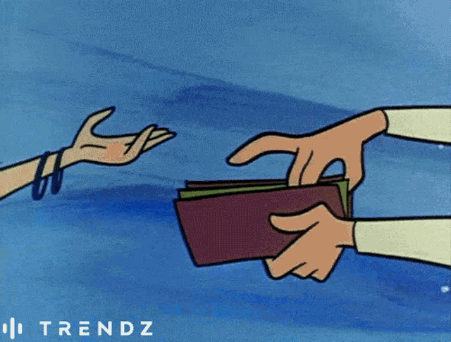 a cartoon of a person giving another person a dollar bill with a dollar sign on it