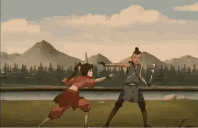 two cartoon characters are fighting each other in a field
