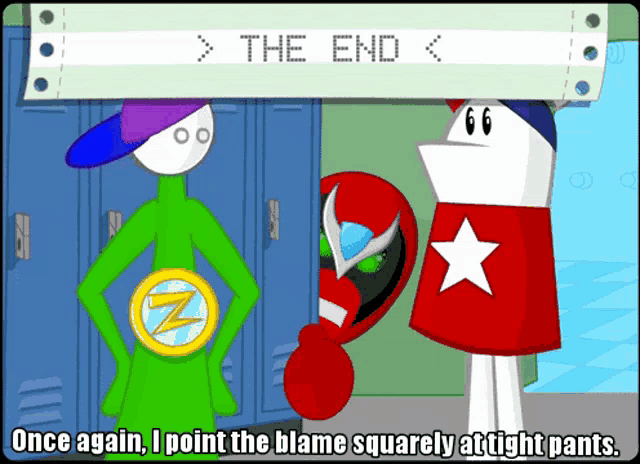 a cartoon with a sign that says ' the end ' on it