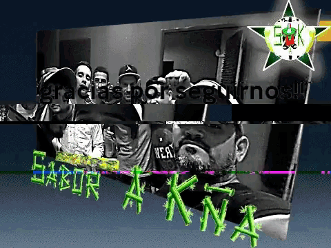 a black and white photo of a man with the words sabor akna on the bottom right