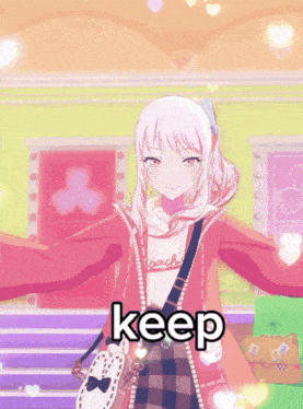 a girl in a red jacket with the word keep written on it