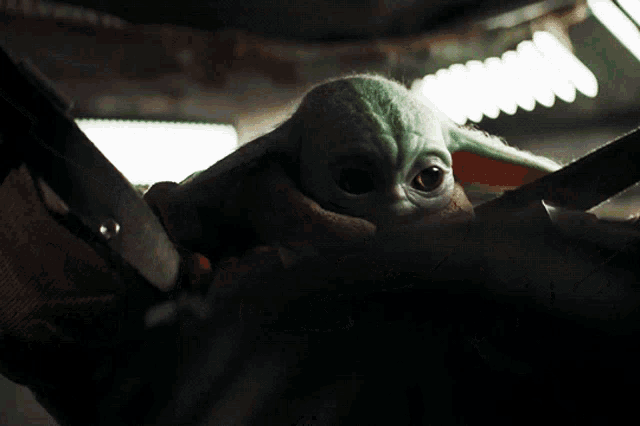 a close up of a baby yoda looking up