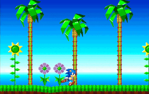 sonic the hedgehog is playing a video game with palm trees and flowers