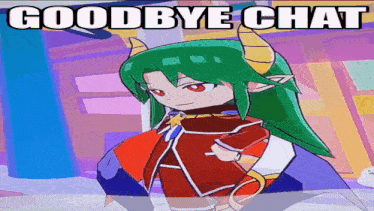 a cartoon character with green hair and horns says goodbye chat .