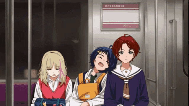 three anime girls are sitting on a train in front of a sign that says ' tokyo subway ' on it