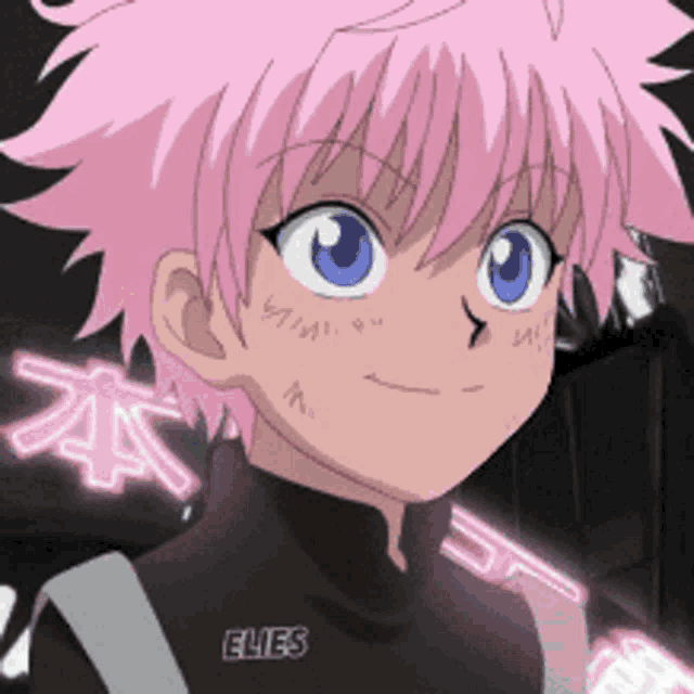 a close up of a person with pink hair and the word elies on their chest