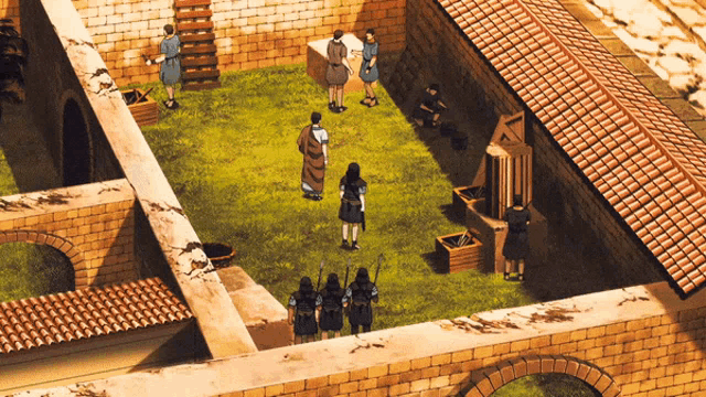 a group of people are standing on a lush green lawn