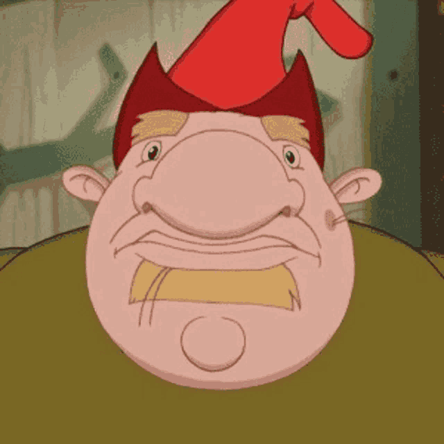 a cartoon man with a big nose and a red hat on his head .
