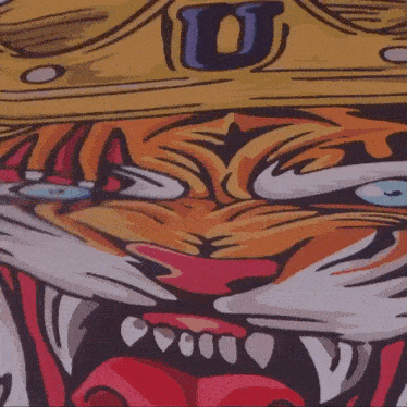 a colorful drawing of a tiger with a crown on his head