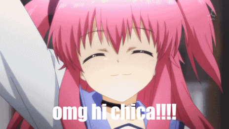 a girl with pink hair and the words omg hi chica
