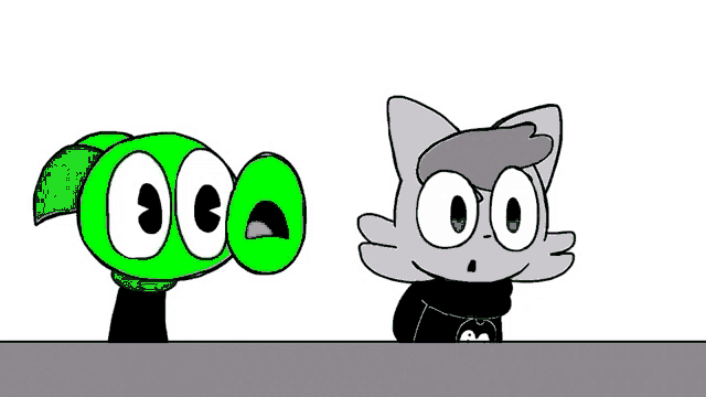 a cartoon of a green frog and a gray cat standing next to each other .