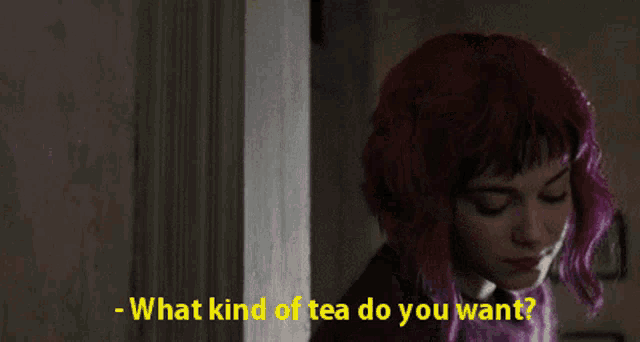 a woman with purple hair is asking what kind of tea you want