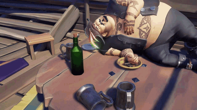 a cartoon character is laying on a table with a bottle and a plate of food