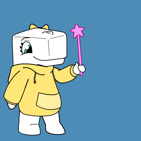 a cartoon drawing of a white cube holding a pink wand