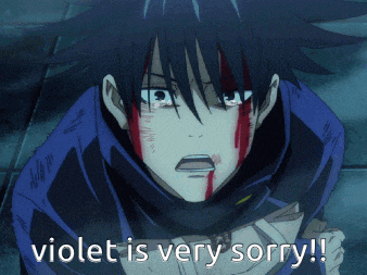 a person with blood on their face and the words violet is very sorry on the bottom