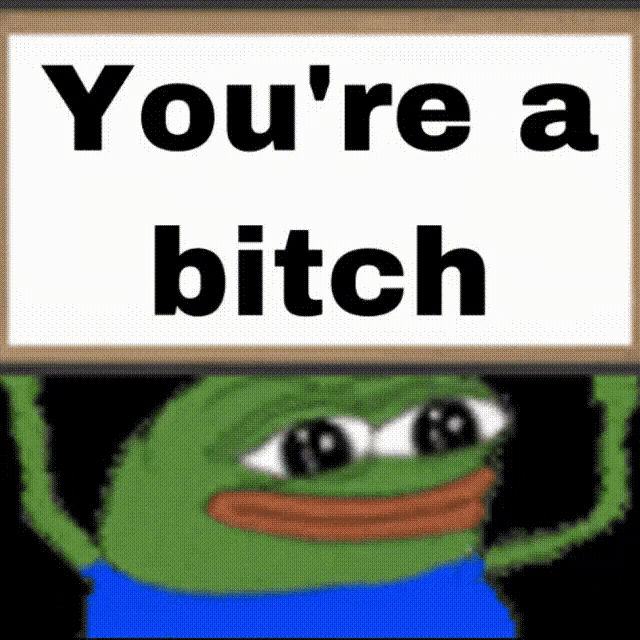 a green frog is holding a sign that says you 're a bitch