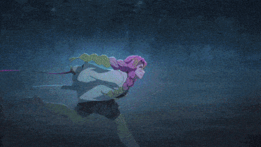 a cartoon character is doing a handstand with a purple light behind him