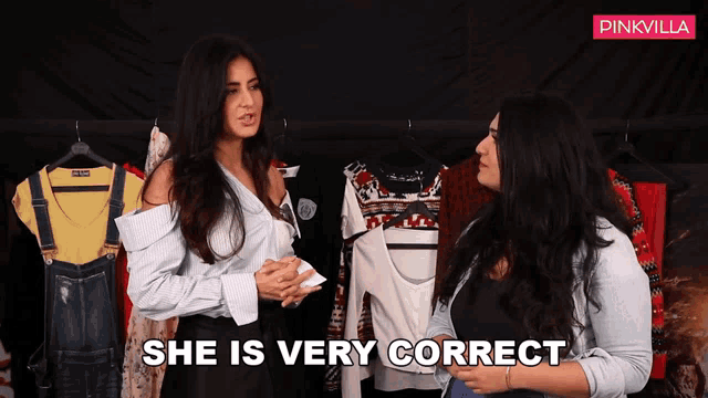 two women standing next to each other with the words she is very correct