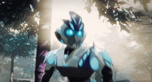 a cartoon character with blue eyes is standing in the woods