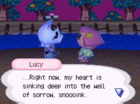 a video game scene with lucy saying right now my heart is sinking deep into the well of sorrow snooooink