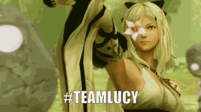a video game character with a flower in her hair and the words #teamlucy