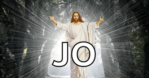 jesus is coming out of the tomb with his arms outstretched in front of the word jo .