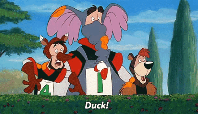 three cartoon characters are standing next to each other and one of them is wearing a jersey with the number 1 on it