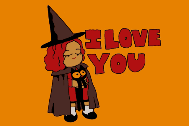 a little girl in a witch costume holding a black cat with the words i love you behind her
