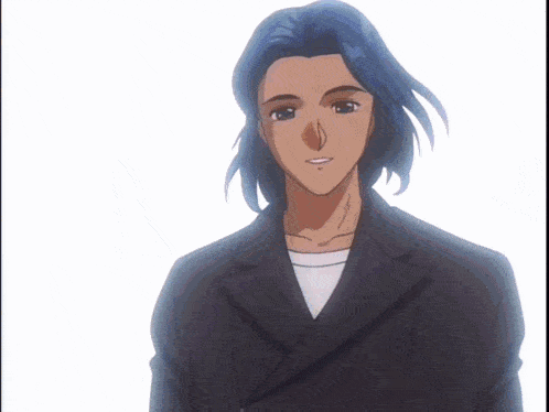 a man with long blue hair is wearing a black jacket and white shirt