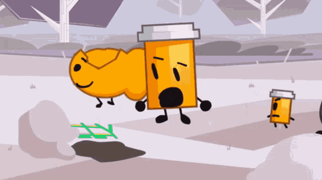 three cartoon characters are standing next to each other and one of them has a smiley face