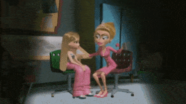 two cartoon dolls are sitting next to each other in a room