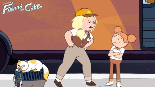 a cartoon of fianna and cake with a cat in the background