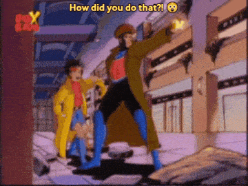 a cartoon of gambit and jubilee with the words how did you do that on the bottom