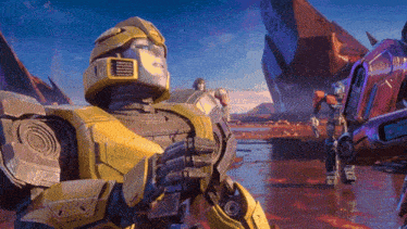 a yellow robot with a helmet on is standing in a field