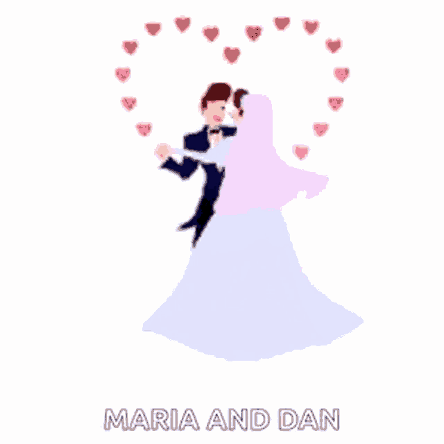 a cartoon of a bride and groom dancing with the words maria and dan below them .