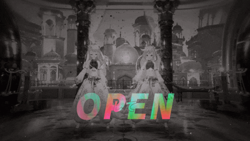 a black and white photo of two girls with the word open behind them