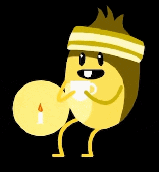 a yellow cartoon character is holding a cup and a candle