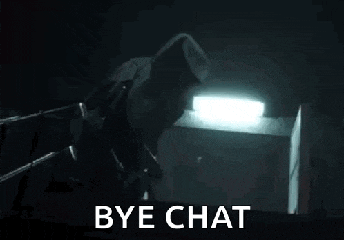 a man in a hooded jacket is holding a gun in a dark room and says bye chat