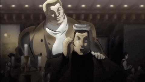 a man holds a plate over another man 's head