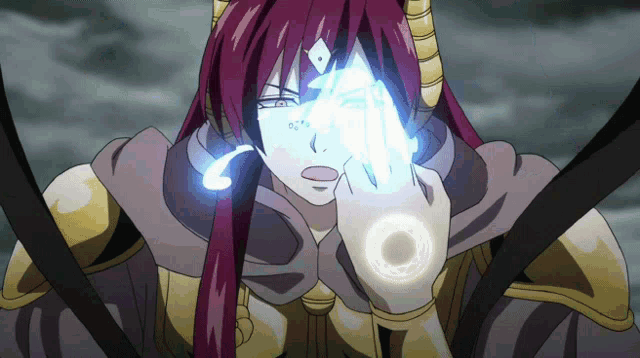 a cartoon character with red hair and horns is holding a blue object in front of her face