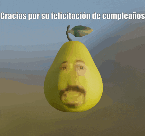 gracias por su felicitacion de cumpleanos is written above a pear