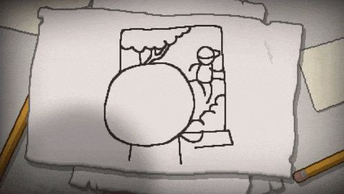 a drawing of a man standing next to a tree on a piece of paper with pencils