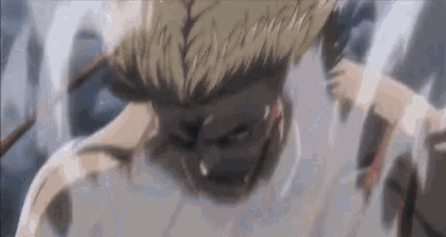 a close up of a person 's face with a beard and a sword in their mouth .
