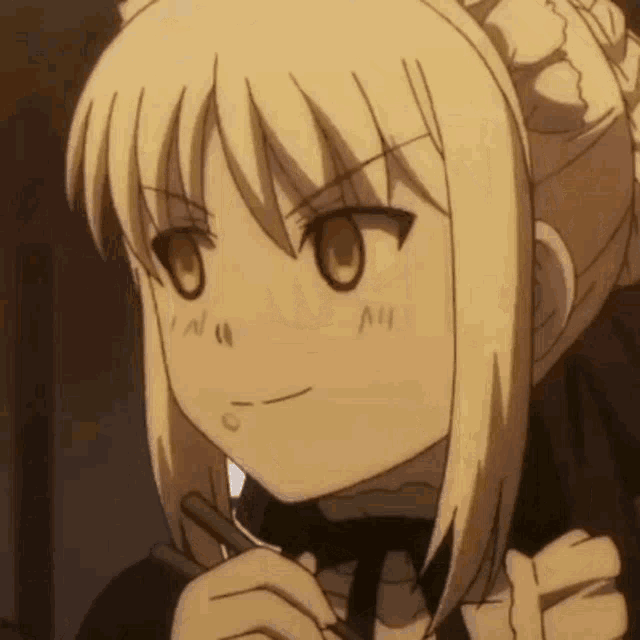 a close up of a blonde anime girl holding a pen in her hand