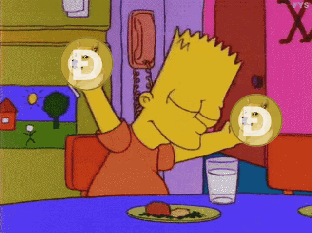 bart simpson is holding a doge coin in his hands