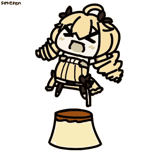 a cartoon girl is standing on top of a pudding cup .